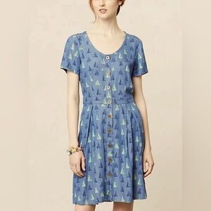 Anthropologie Dress Denim Chambray‎ Nautical Boats Porridge size 4 w/ Pockets